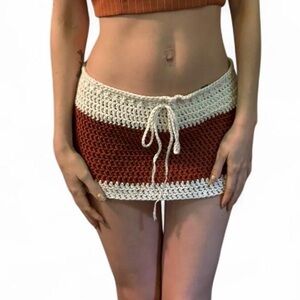 Crochet brown burgundy and beige boho hand made knitwear crochet mini skirt xs